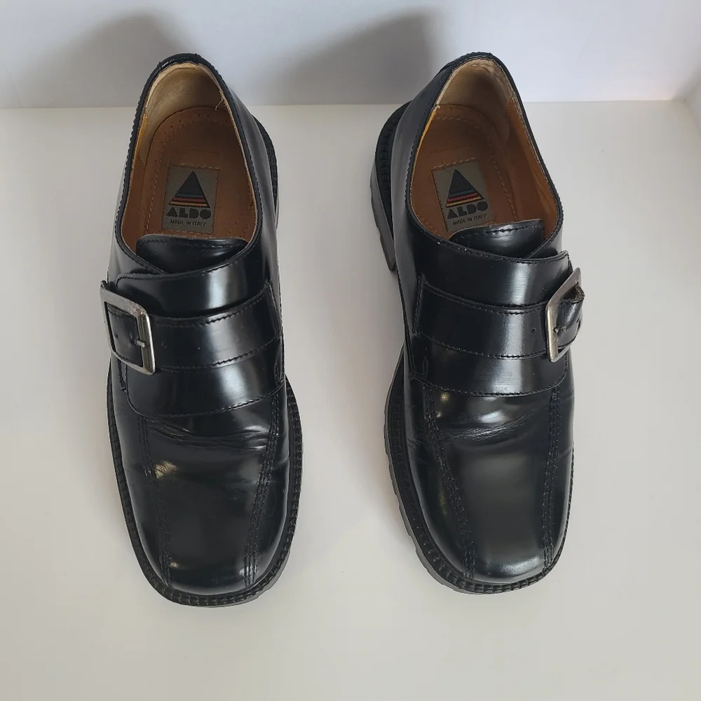 SOLD!! ALDO Chunky Heel Vintage Mens Black Patent Leather Slip-On Shoes Size 44 - Picture 8 of 14